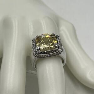 Sterling Silver Large Yellow CZ‎ Pave White Cubic Zirconia Ring Sz 7.25 new